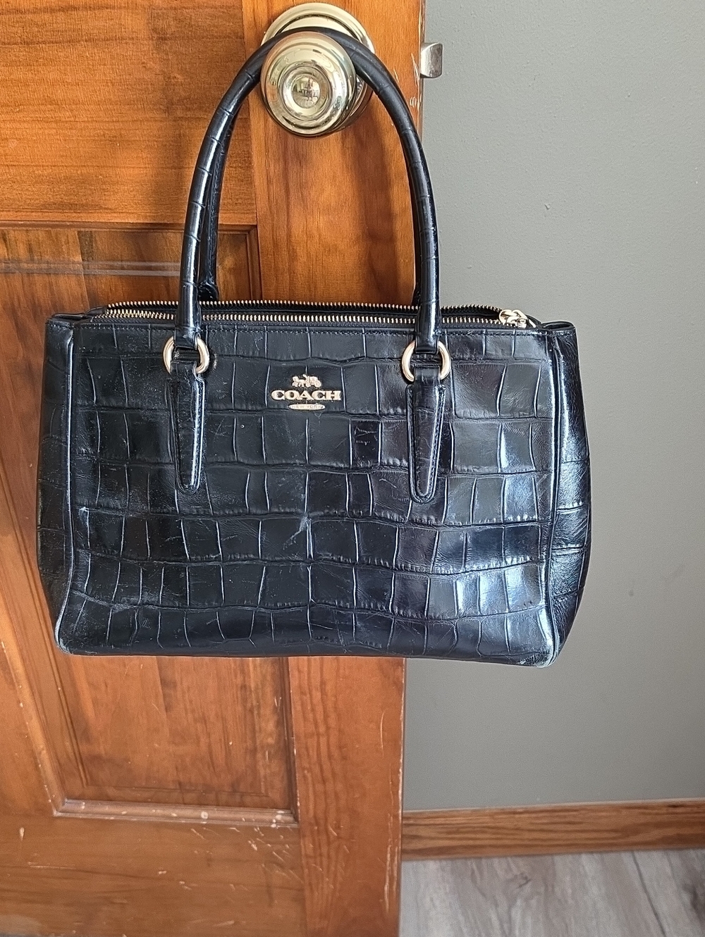 Coach Black Croc-Embossed Leather Tote with Gold Hardware